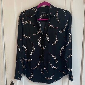 Ann Taylor Black Button Down Shirt with Floral Design, XS